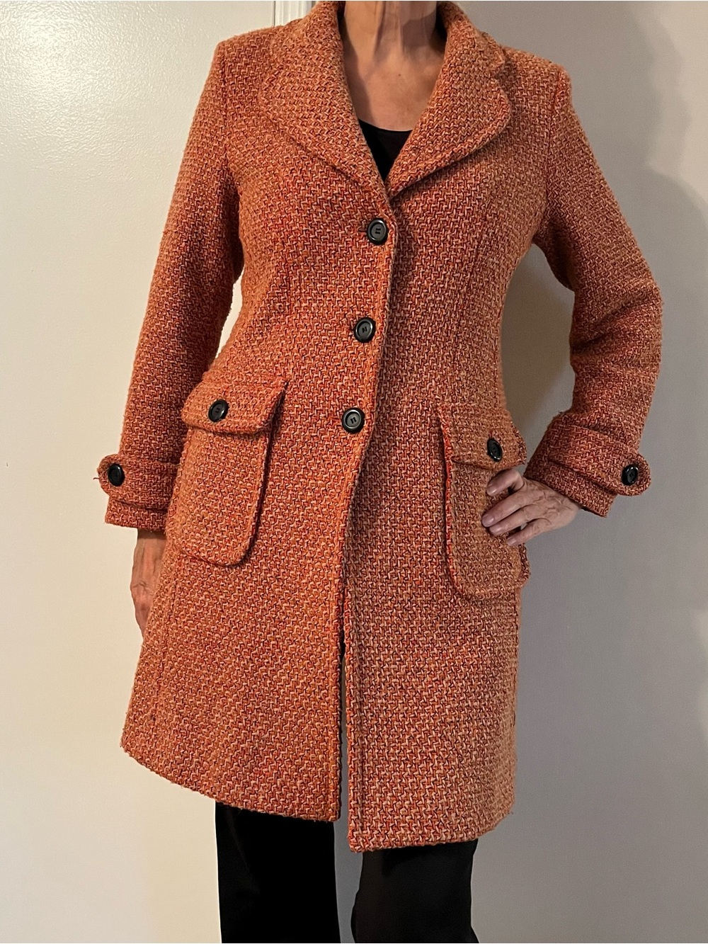 Women's Orange Textured Tweed Long Pea Coat